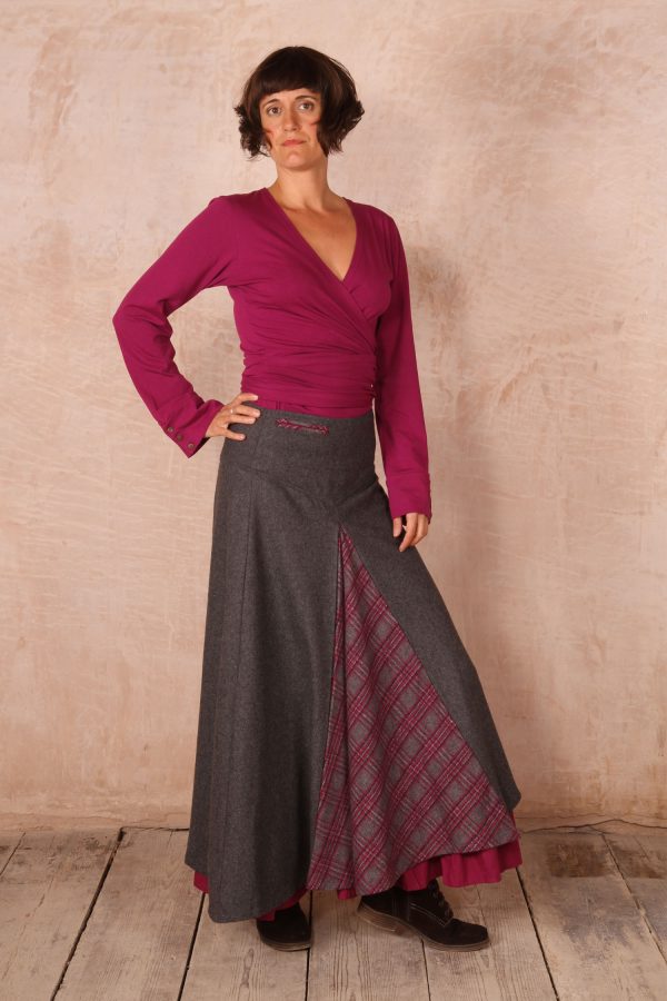 Maya Long Wool Skirt- Pebble Grey and Raspberry