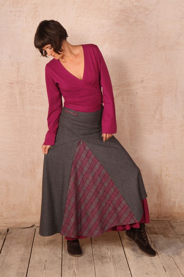 Maya Long Wool Skirt- Pebble Grey and Raspberry - Image 3