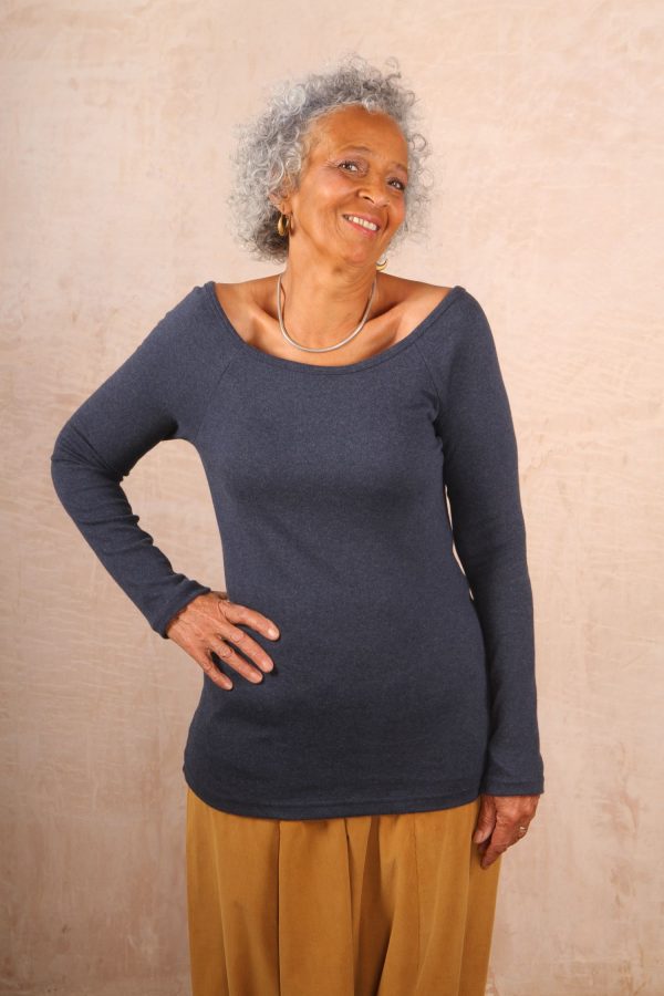 Boat Neck Long Sleeved Top Knitted Cotton Jersey - Indigo Blue Marl - Image 4