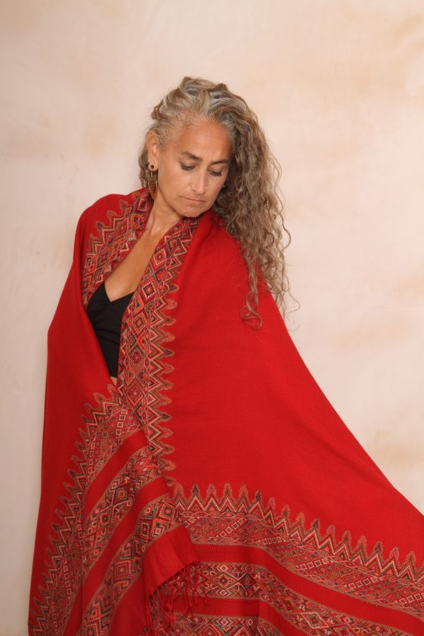 Tribal Shawl Pure Wool Chili Pepper Red Aztec