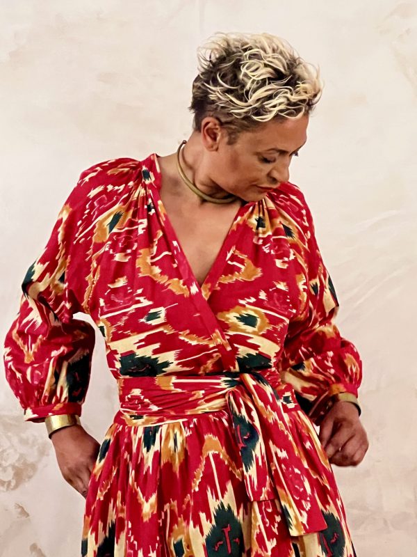 Leah Maxi Wrap Dress: Ikat Print Cotton Coral