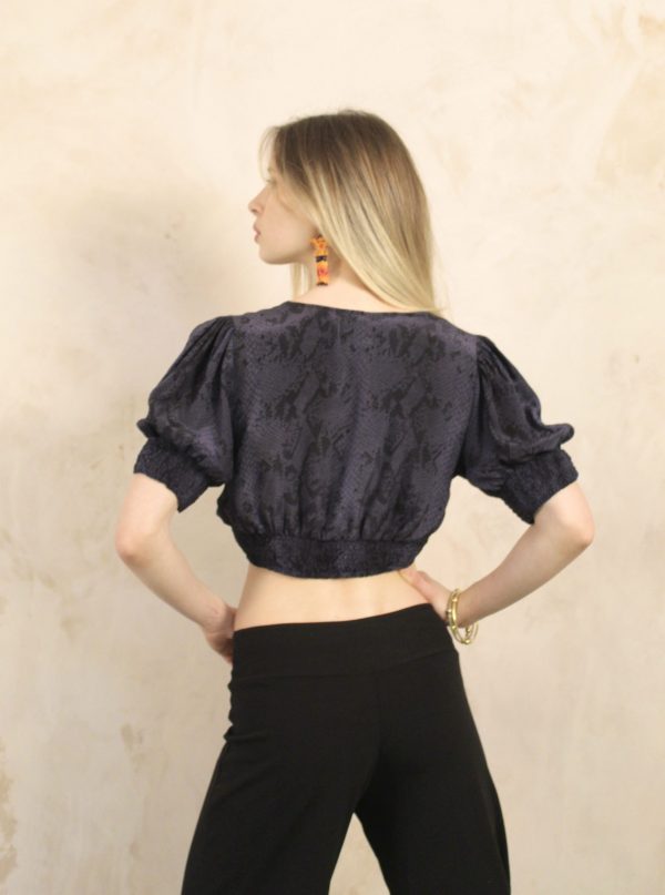 APHRODITE CROPPED PUFF SLEEVE TOP Black Grey Snake print 100% silk - Image 6