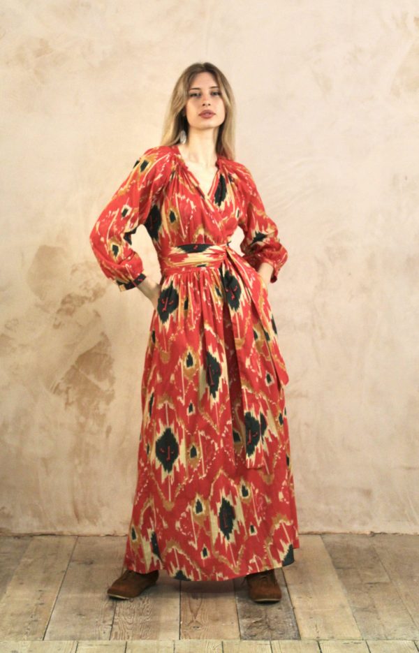 Leah Maxi Wrap Dress: Ikat Print Cotton Coral
