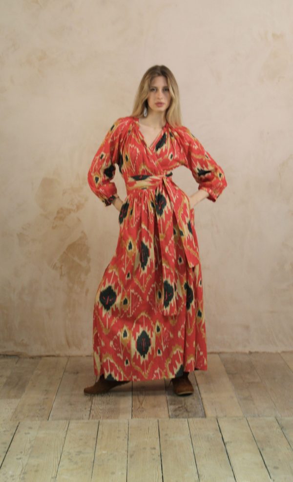 Leah Maxi Wrap Dress: Ikat Print Cotton Coral - Image 3