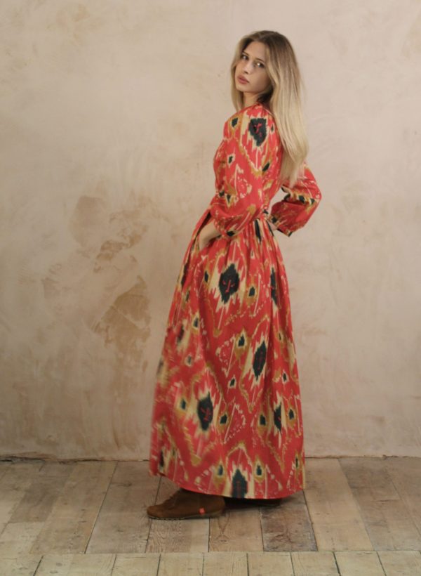 Leah Maxi Wrap Dress: Ikat Print Cotton Coral - Image 4