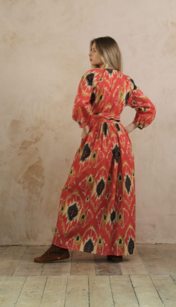 Leah Maxi Wrap Dress: Ikat Print Cotton Coral - Image 5