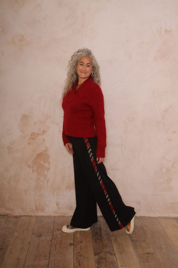 Cotton Lycra Palazzo Trousers block print side strip Black Zigzag - Image 2
