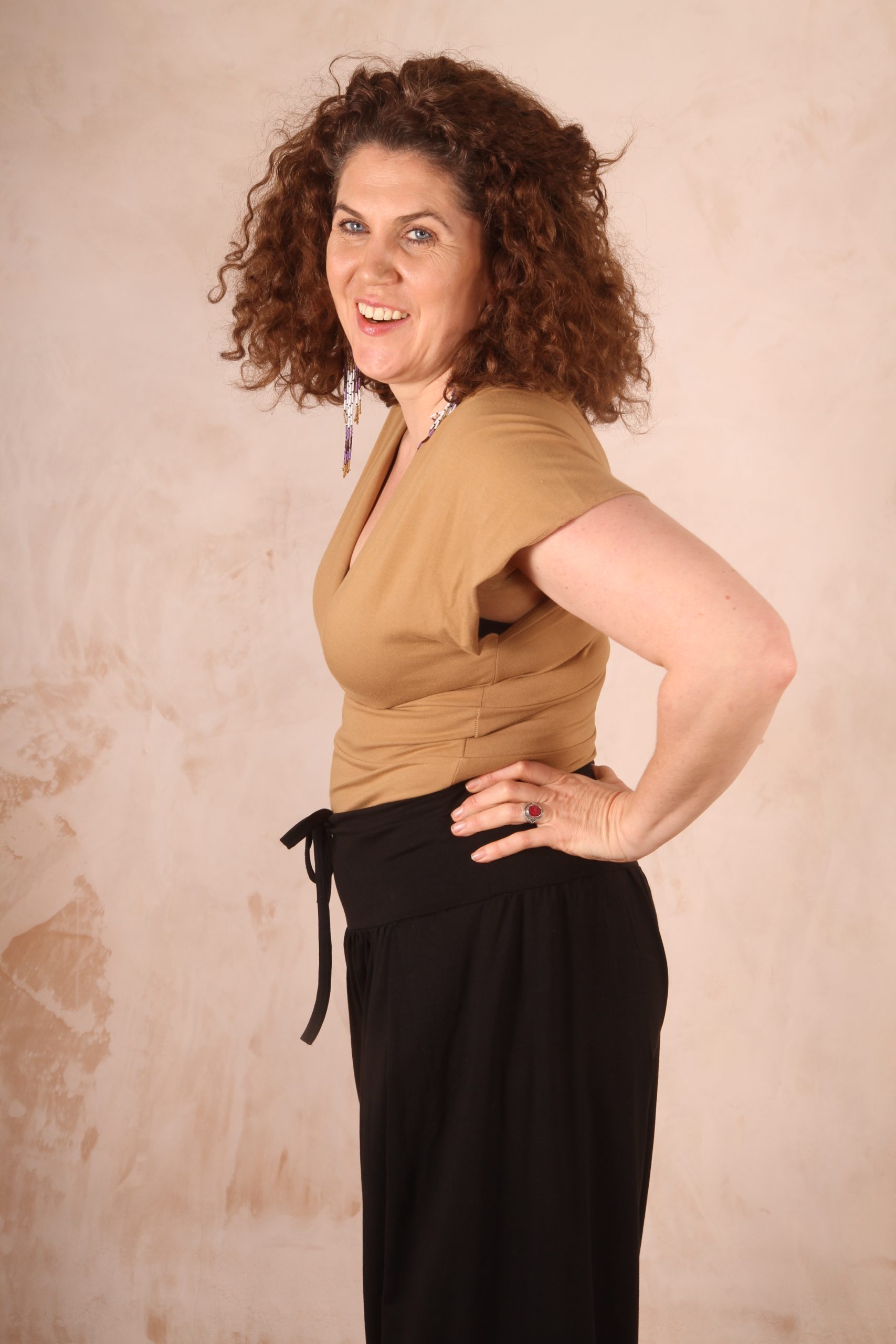 Amelie Kimono Top Cotton Lycra Camel - Image 6