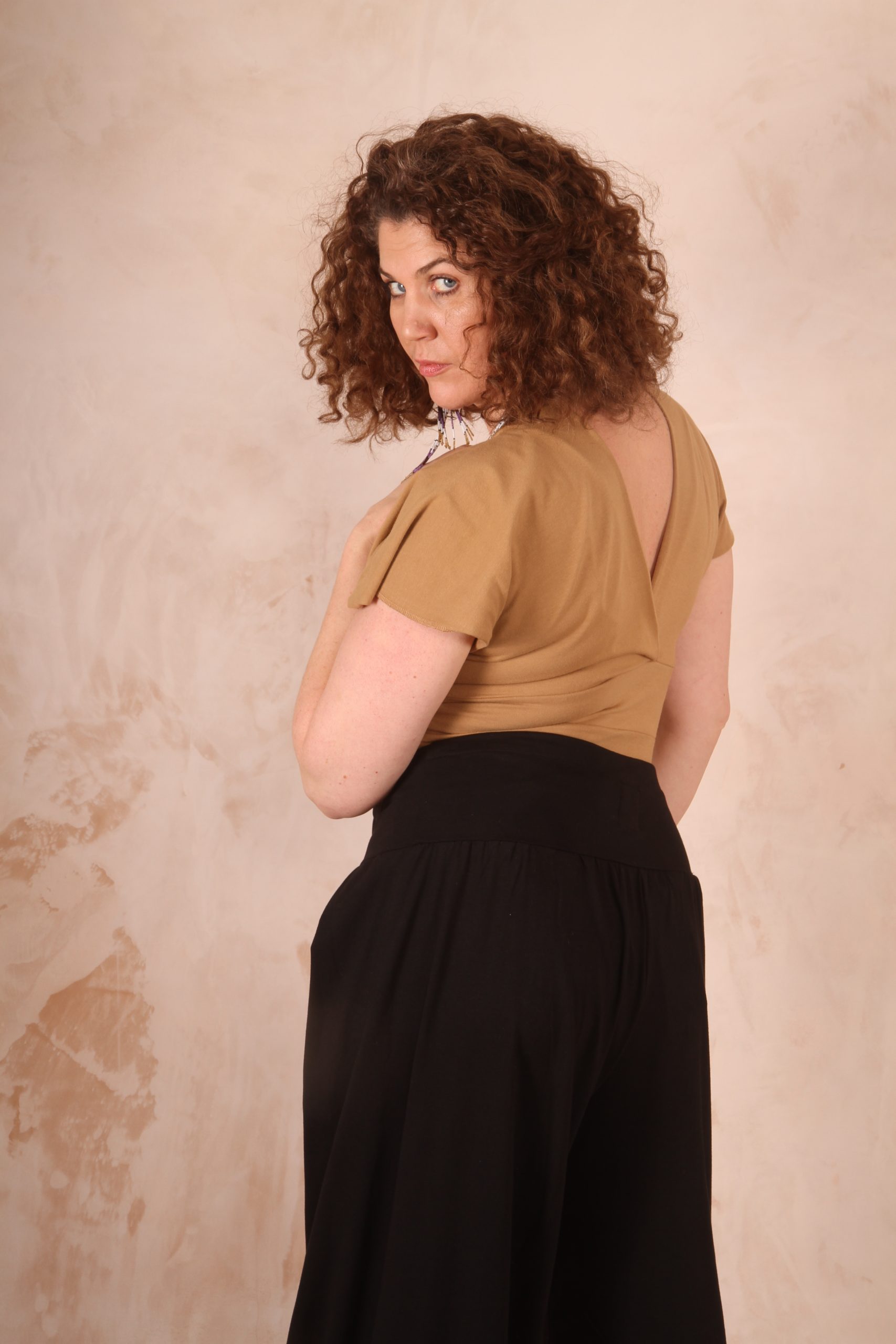 Amelie Kimono Top Cotton Lycra Camel - Image 2