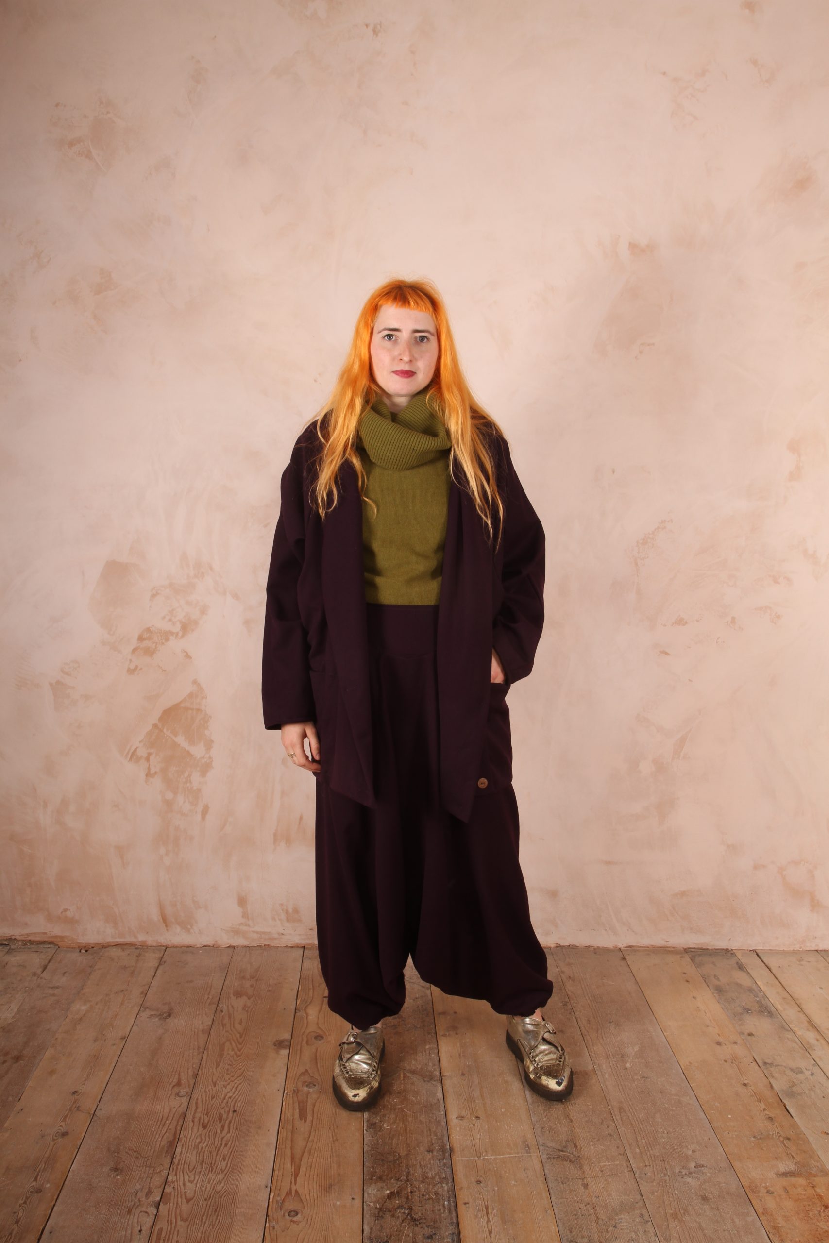 Harem Trousers 100% Crepe Wool Plum - Image 5