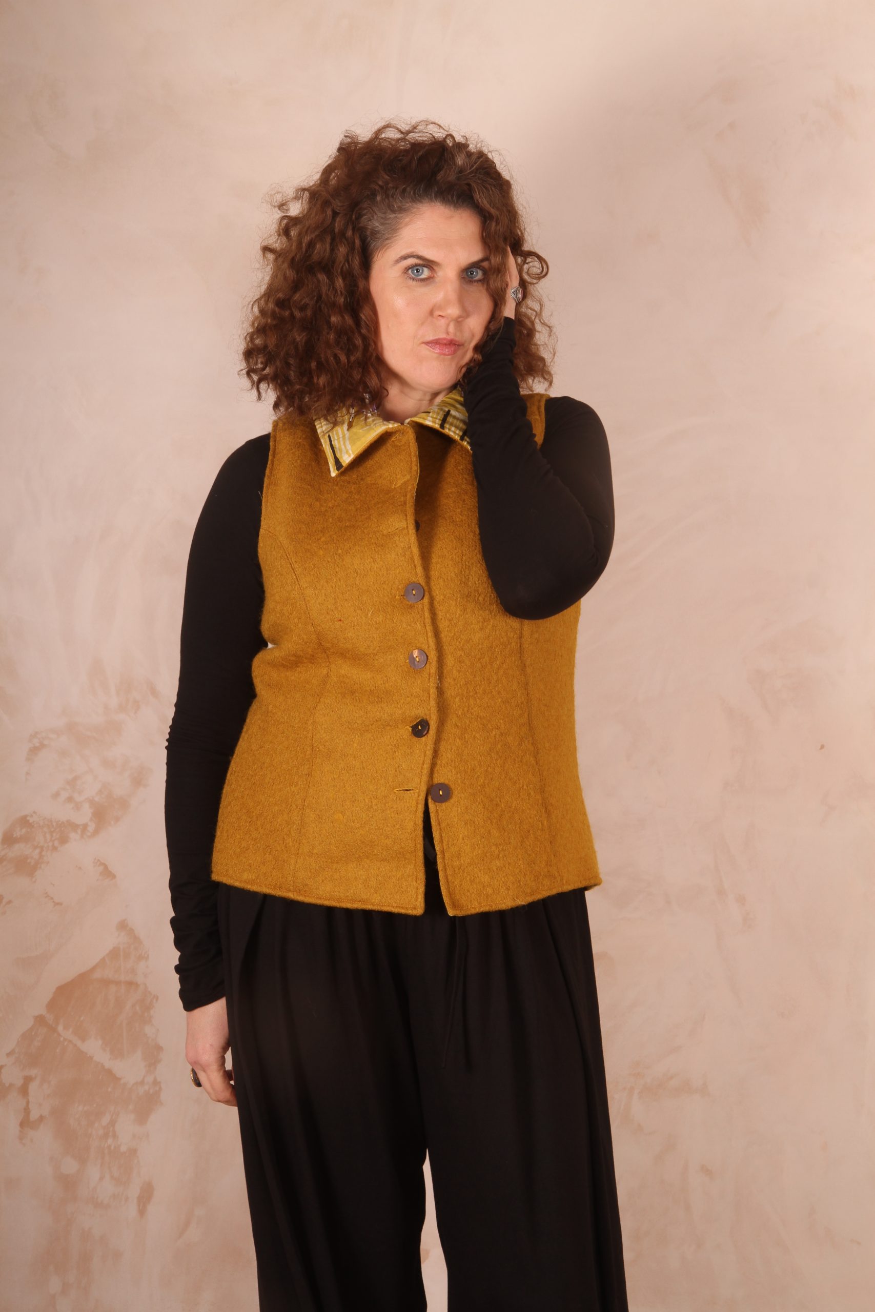 Classic Tailored Haruka Wool Waistcoat Mustard Boiled Wool - Image 8