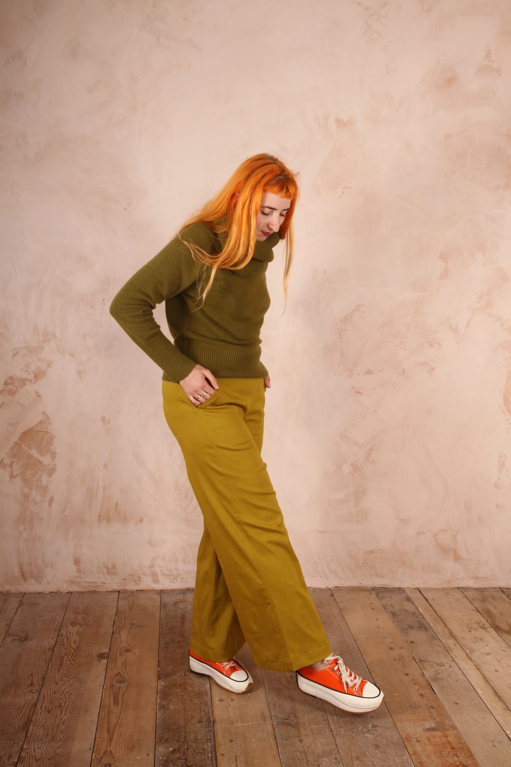 Kamu Trousers Stretch Cotton Poplin Yellow Green - Image 5